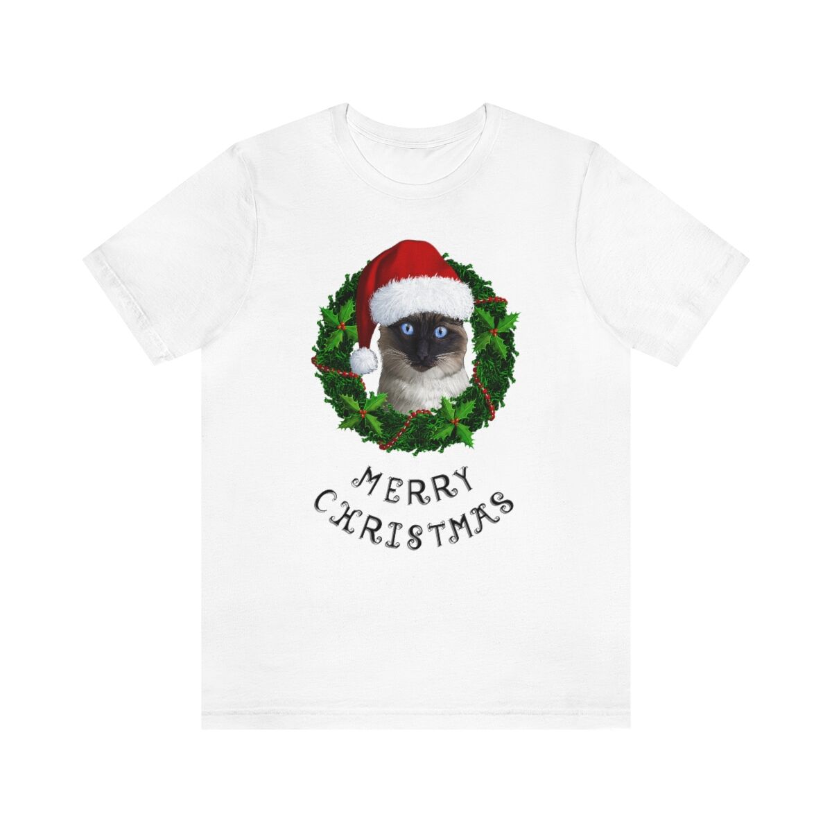 Merry Christmas Siamese 100% Illustrated Unisex T-shirt (WHITE)