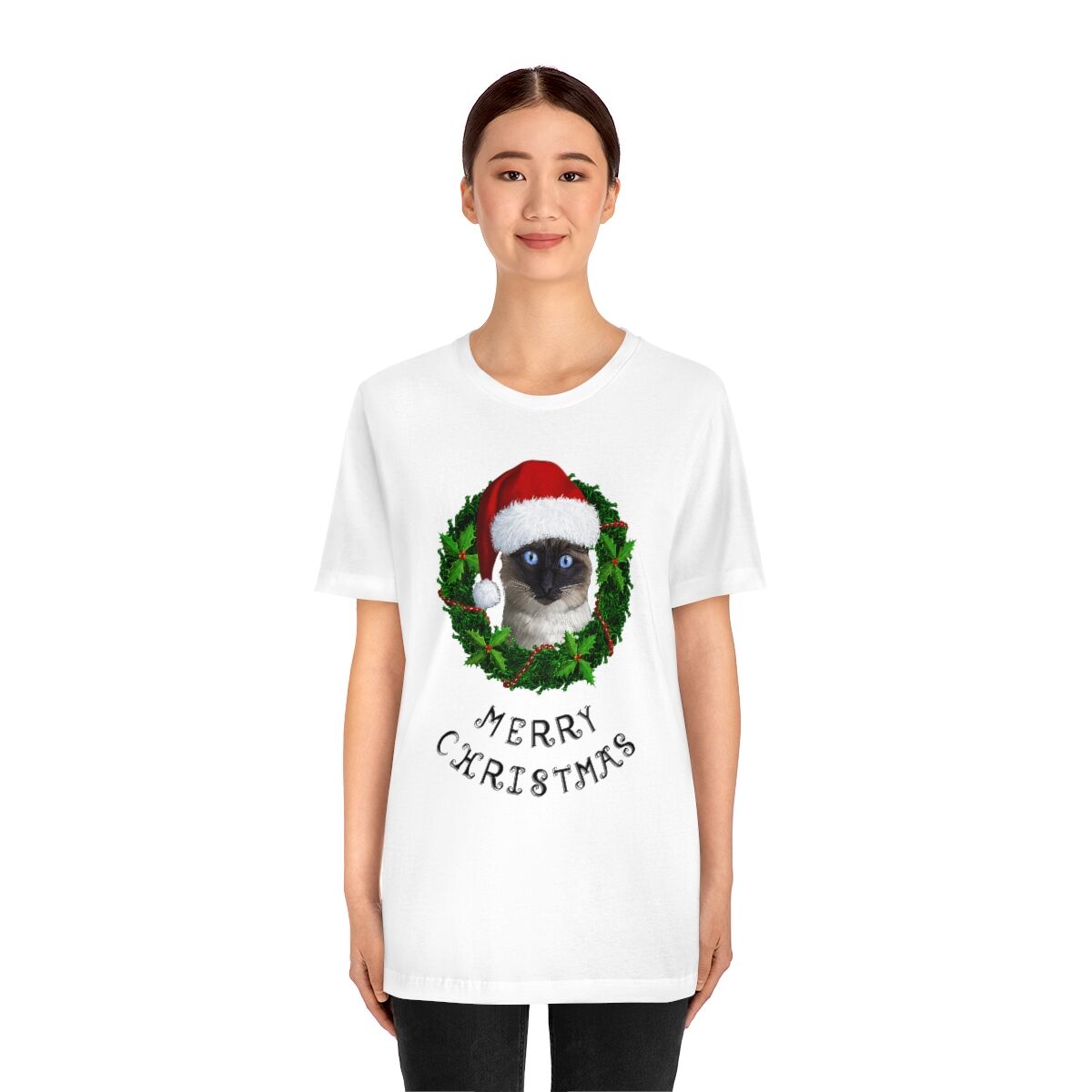 Merry Christmas Siamese 100% Illustrated Unisex T-shirt (WHITE) - Image 3