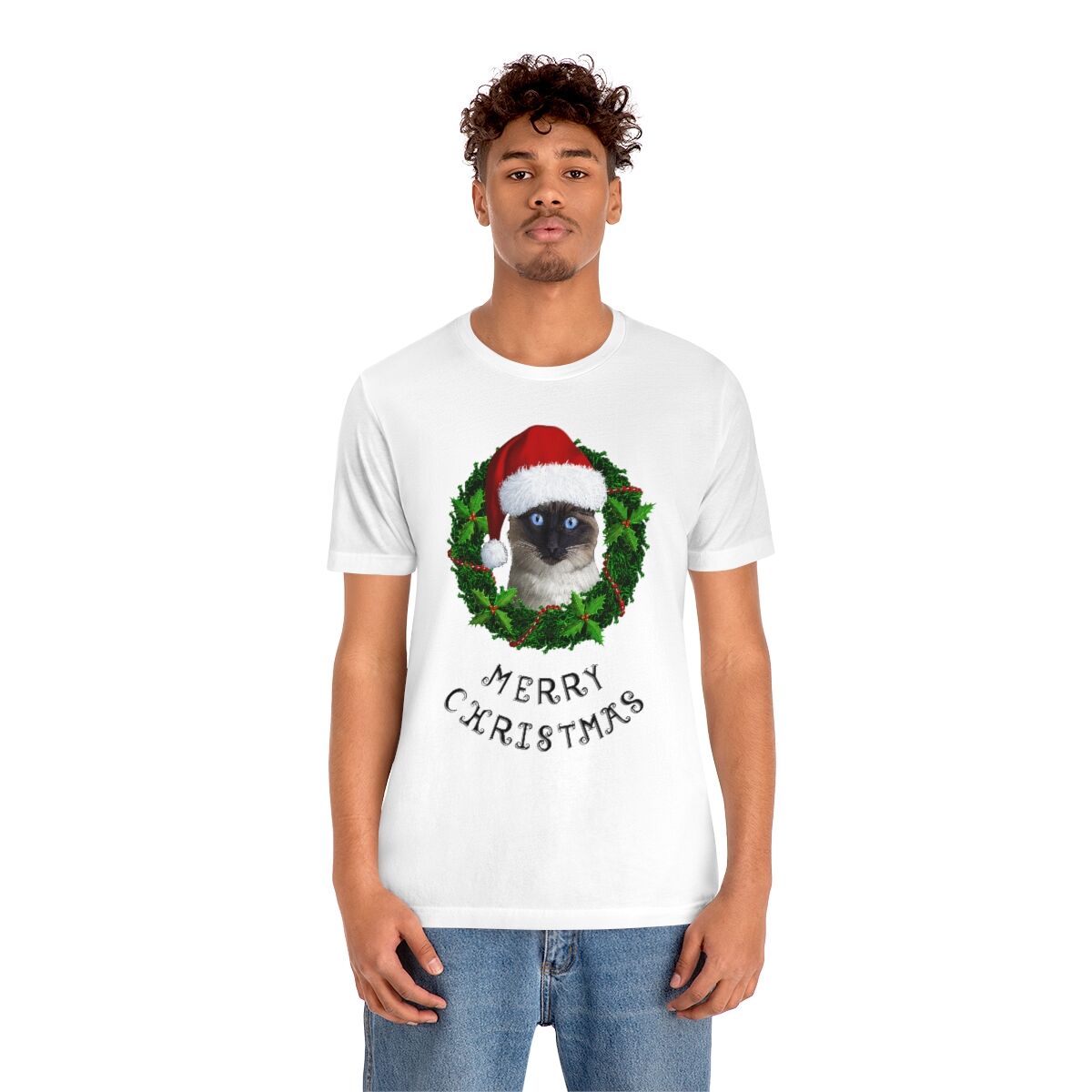 Merry Christmas Siamese 100% Illustrated Unisex T-shirt (WHITE) - Image 4
