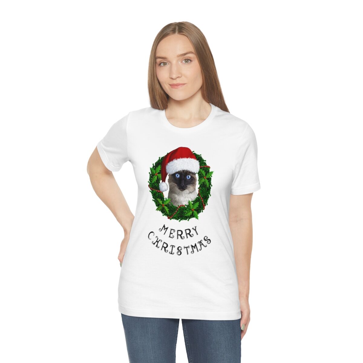 Merry Christmas Siamese 100% Illustrated Unisex T-shirt (WHITE) - Image 5