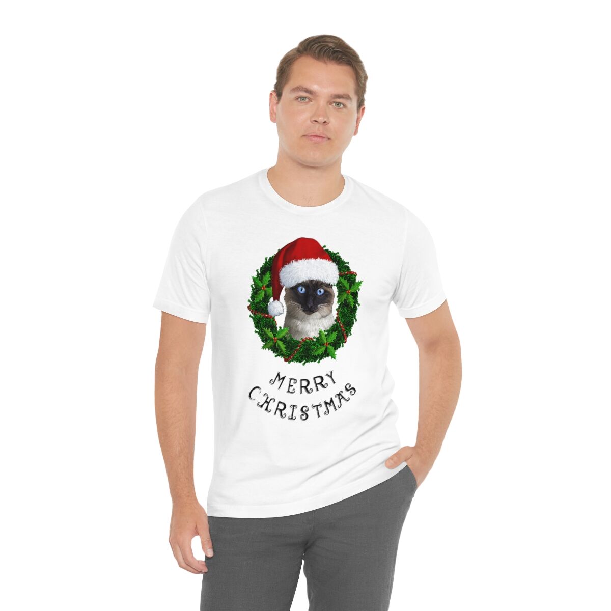 Merry Christmas Siamese 100% Illustrated Unisex T-shirt (WHITE) - Image 6