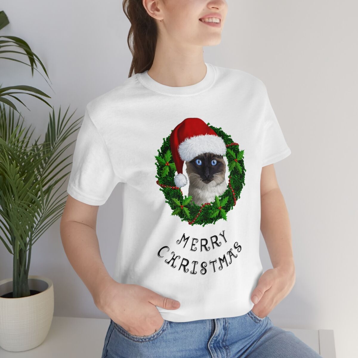 Merry Christmas Siamese 100% Illustrated Unisex T-shirt (WHITE) - Image 7