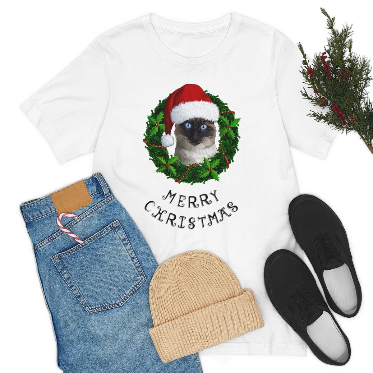 Merry Christmas Siamese 100% Illustrated Unisex T-shirt (WHITE) - Image 8